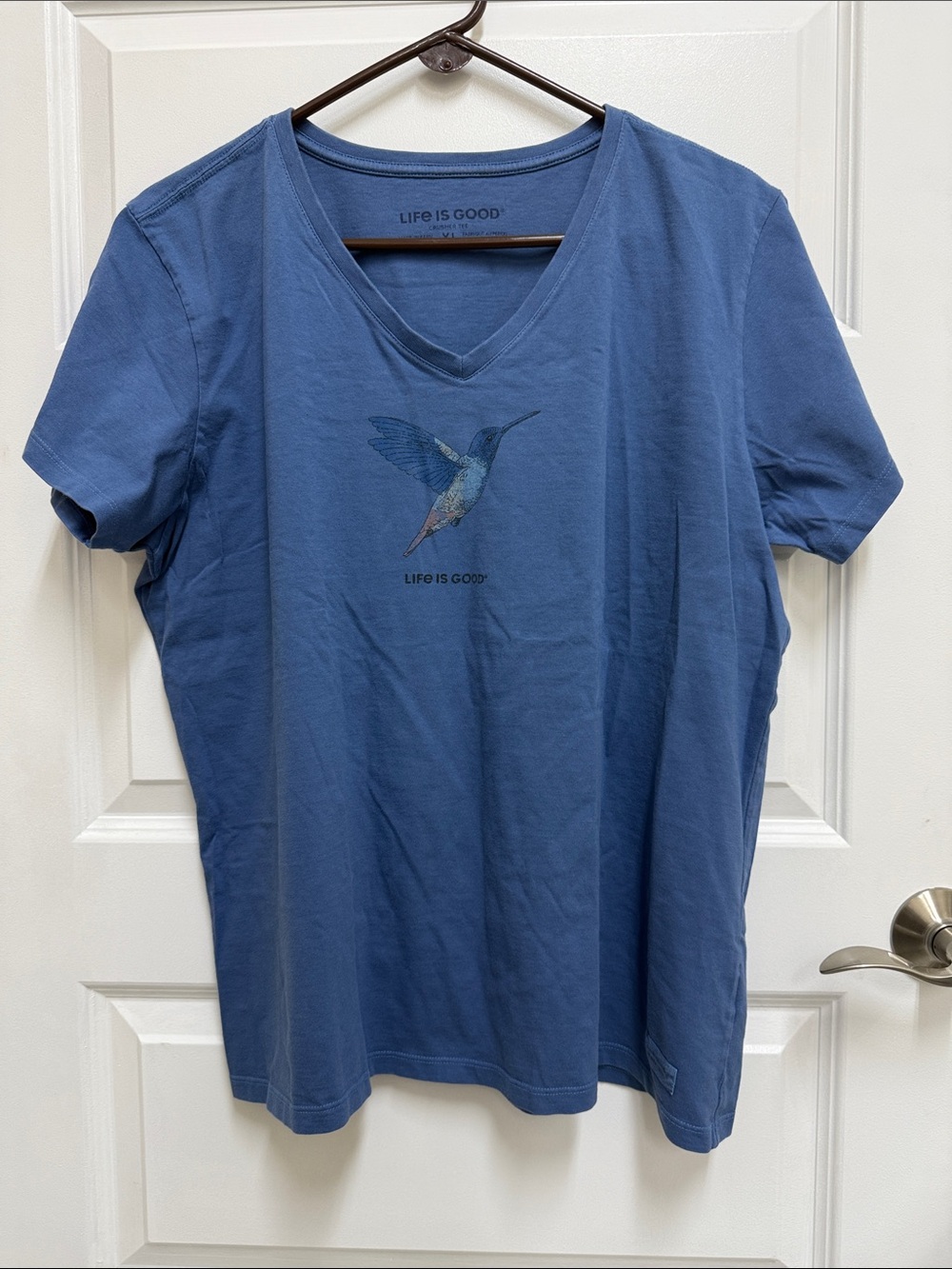 Life Is Good Blue V-Neck Tee with Hummingbird Print